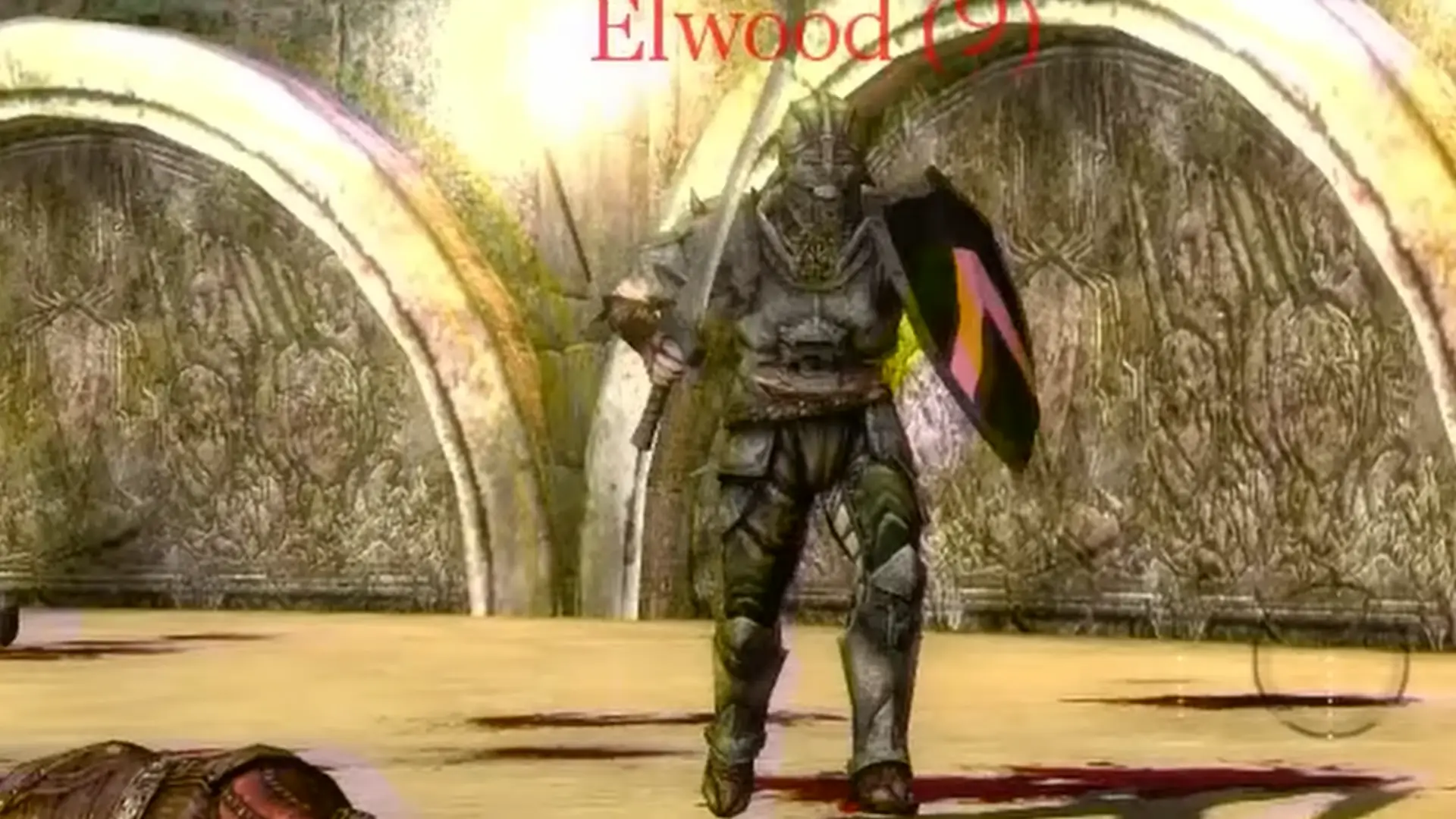 a warrior standing in blood in an arena