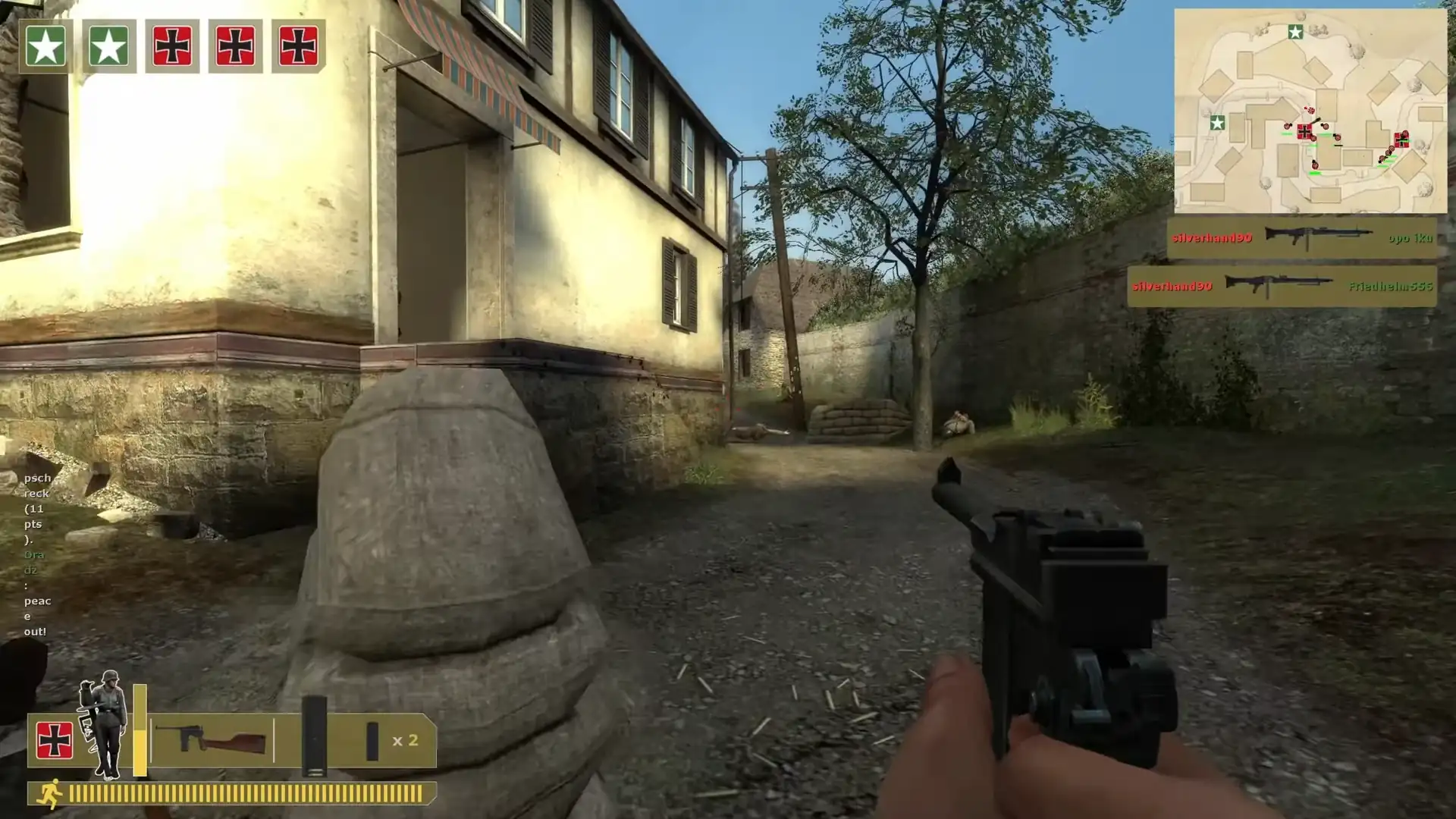 advancing around a house while looking for enemies