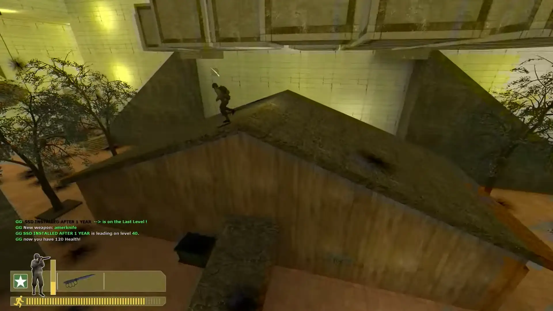 a soldier running ontop of a roof