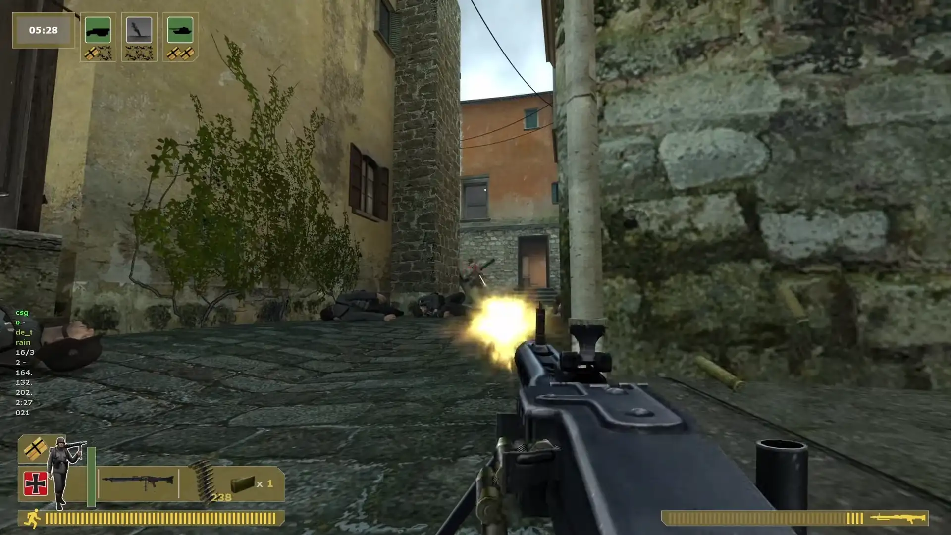 stationed at an end of an alley spraying with a Mashine Gun