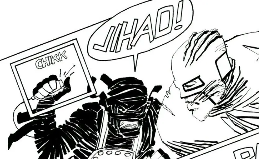 a cartoon jihadist screams 'jihad' while intending to blow the protagonist and himself up