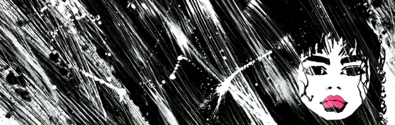 a portrait of a woman in the rain with pink lipstick