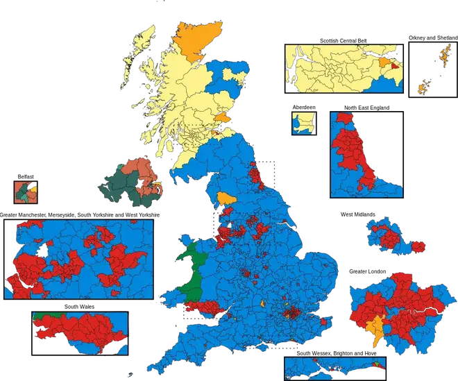 A map showing the results of the UK 2019 General Election by constituency.