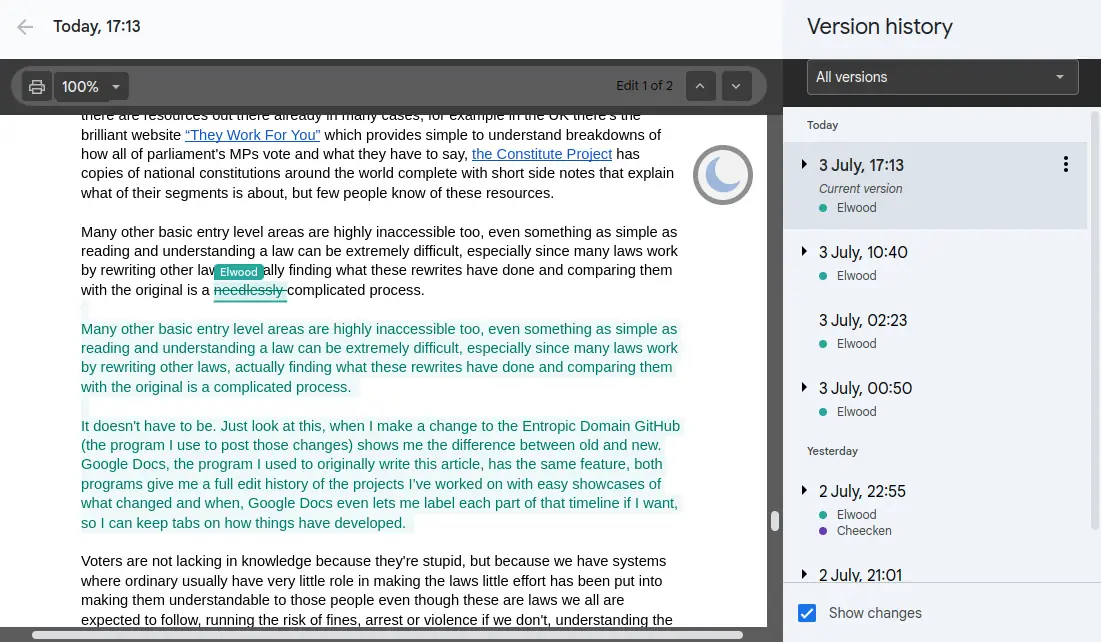 The same snippet in Google Docs.
