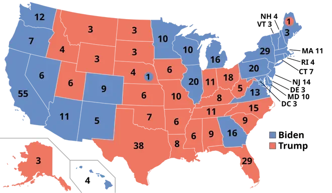 A map of showcasing the results of the 2020 US Presidential Election by State.