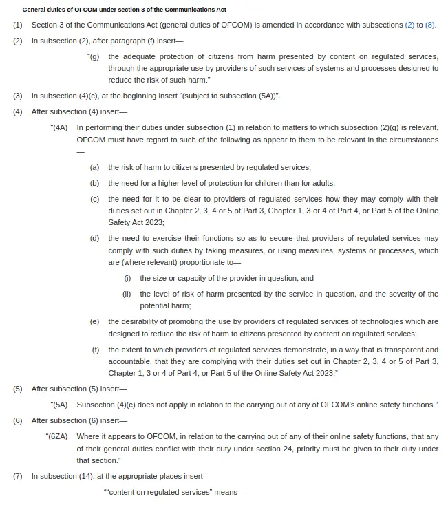 A Page titled:'General Duties of OFCOM under section 3 of the Communications Act'.