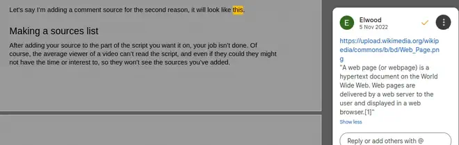 An example of adding a source via a comment on Google Docs.