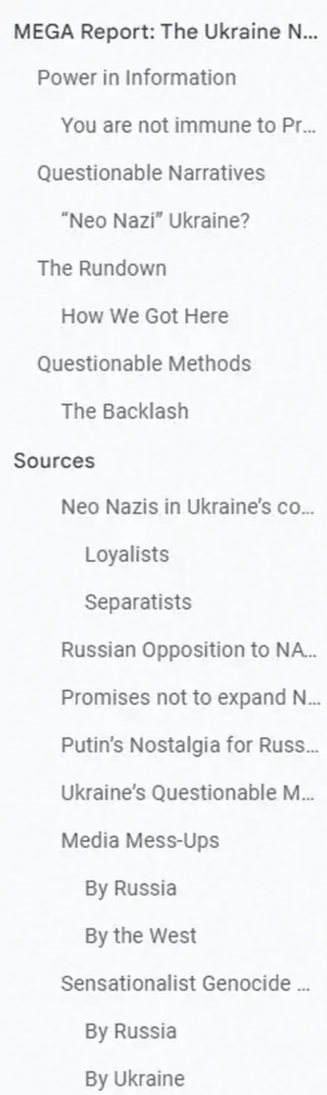A screenshot of the sources list from the script for MEGA: The Ukraine Narratives.