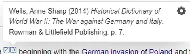 A screenshot of the WW2 wiki page with the number 3 citation hovered over with the mouse, showcasing the source used on the article.