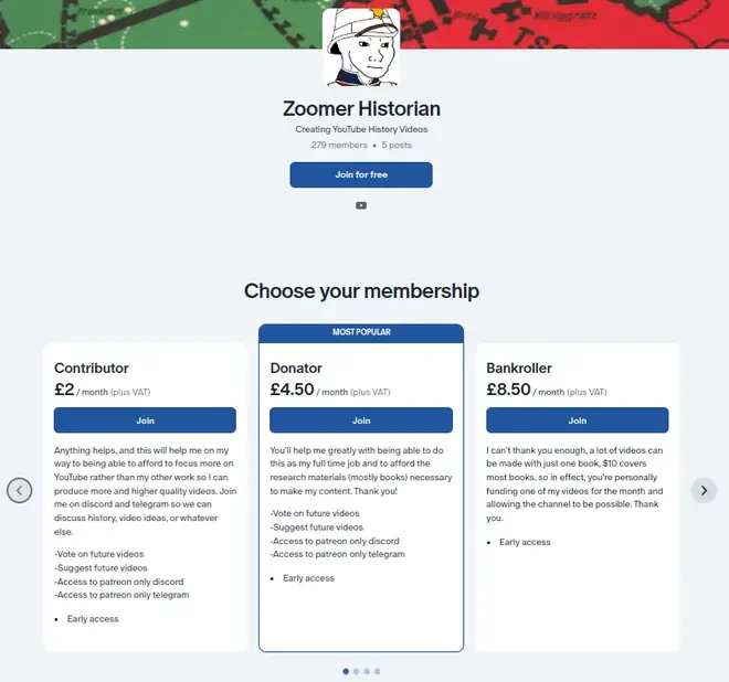 A screenshot of the Zoomer Historian Patreon page, showing his number of Patrons to be at 279, each donating a minimum of £2 a month.