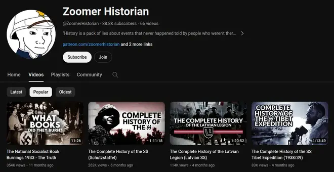 A screenshot of the Zoomer Historian YouTube channel with his videos sorted by popularity, showing his top viewed video has a viewer count of 354,000, his second most viewed has a count of 262,000 and his third most a count of 114,000 views.