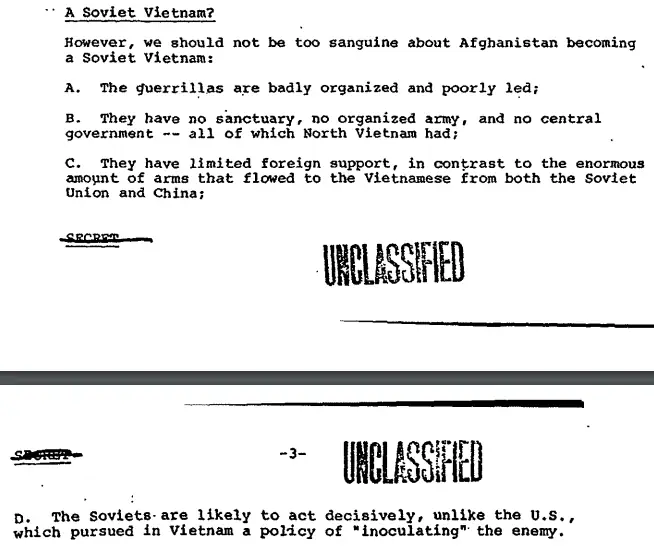 A declassified american Document on Operation Cyclone, with the introductory line reading 'A Soviet Vietnam?'