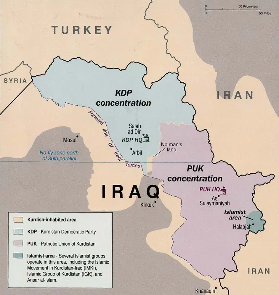 Occupation map of Iraq, showcasing territory of the KDP, PUK and an Islamist area.