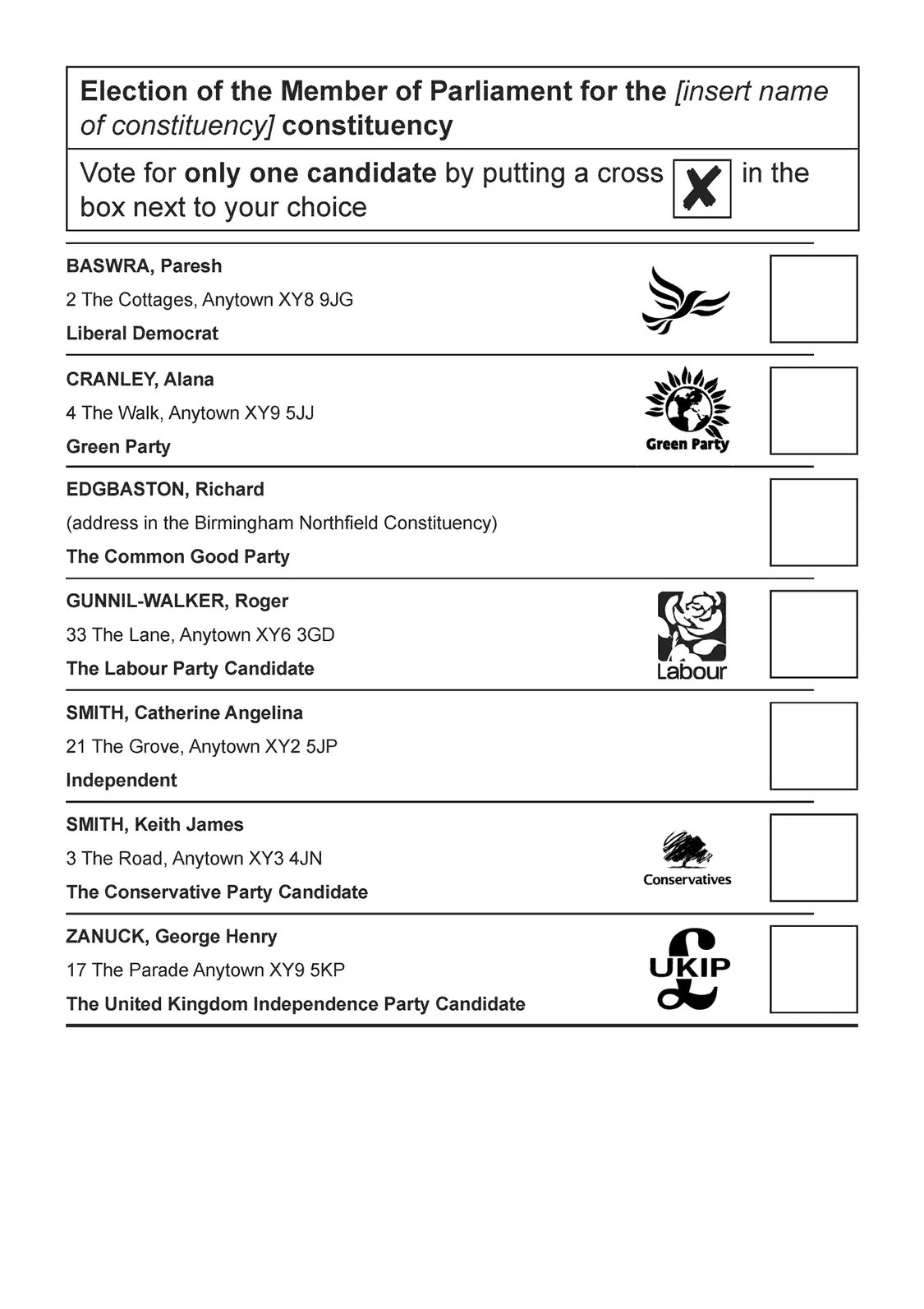 A paper ballot example.