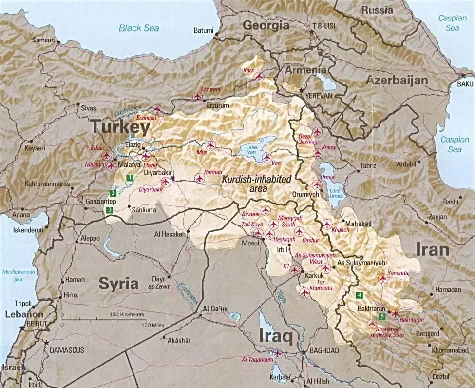 The area Kurds inhabit, split across multiple countries.