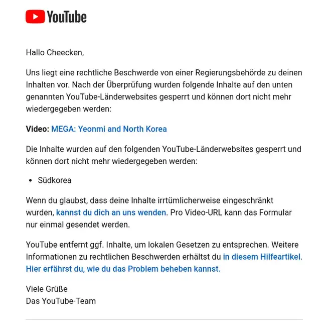 A message from YouTube about our documentary being banned (in German)