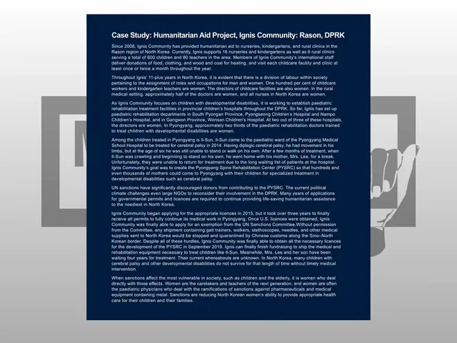 An excerpt from the Korea Peace Now report, describing the issues faced by IGNIS.