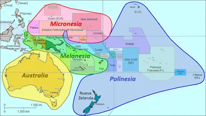 A map showing the cultural boundaries of the 3 Oceanian regions.