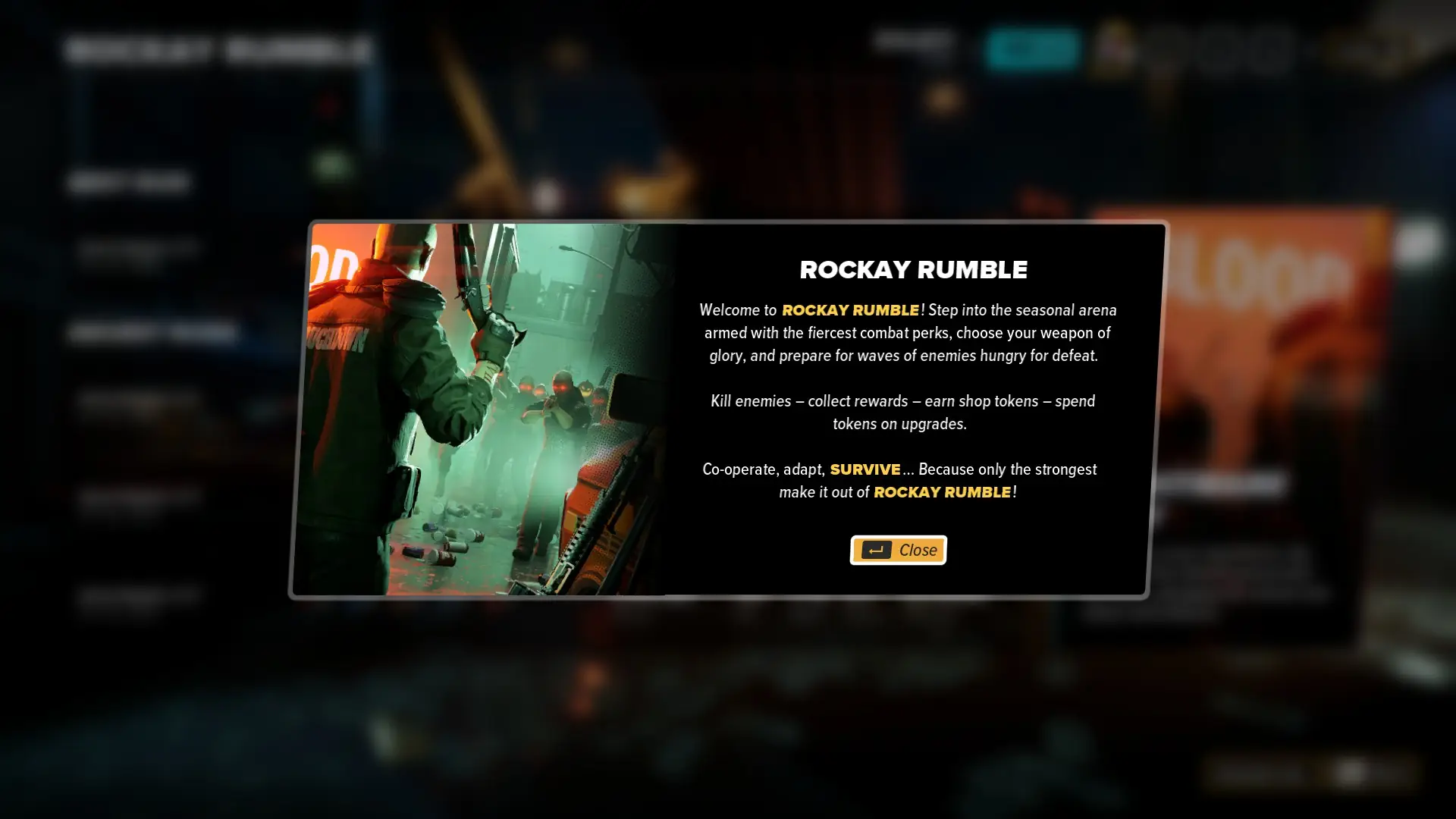 A pop up screen introducing the 'Rockay Rumble'.