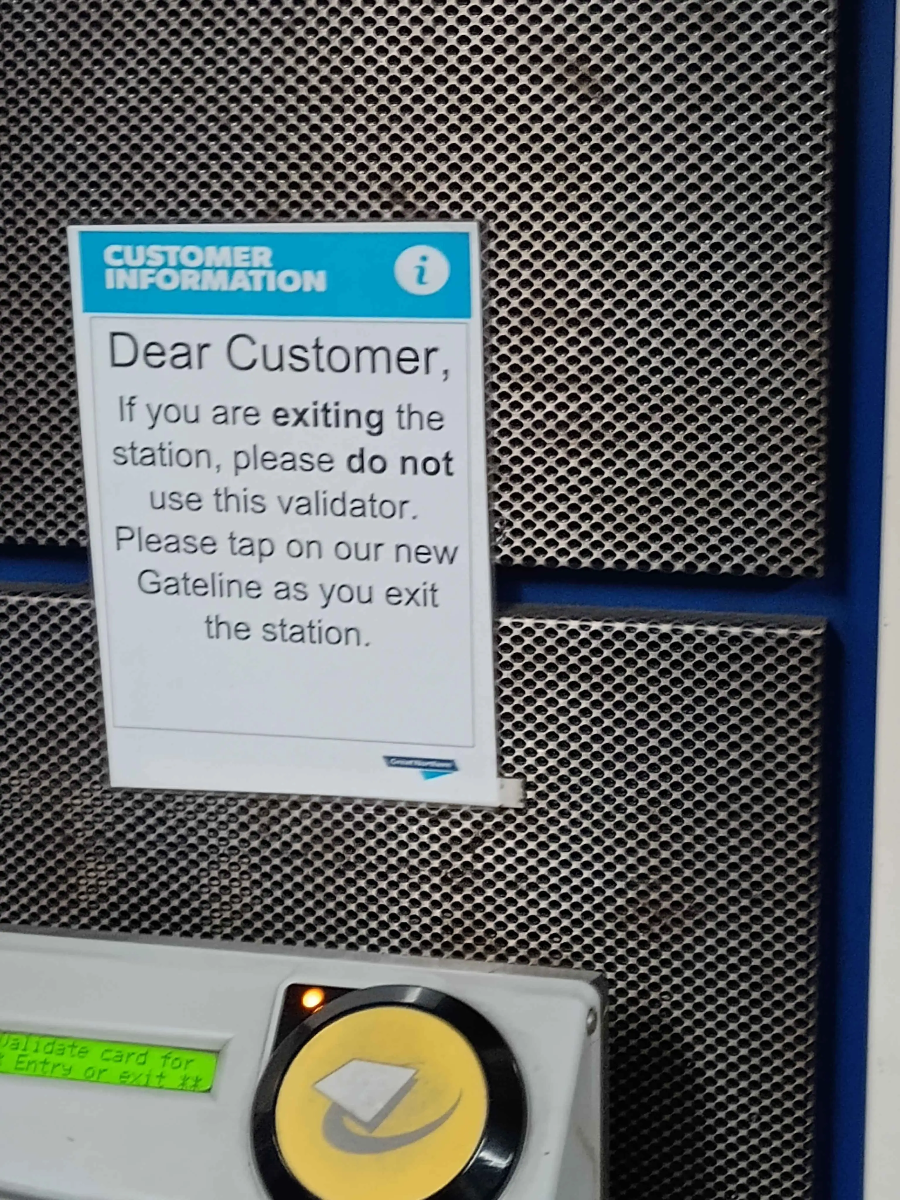 A side by side of Oyster readers, on the left is the reader at Finsbury Park station, in the corridor between the National Rail platforms run by Great Northern, and the Picadilly and Victoria line platforms run by London Underground, the sign warns users not to tap on the reader if they are exiting the station, and to use the ticket barrier instead, since the reader is only if you're switching from a Great Northern service which you had a ticket for, to travelling contactless on the Underground, ensuring customers don't accidentally tap at the wrong time. On the right is a reader at Highbury and Islington, which is for the same purpose but has no warning message, instead saying 'Oyster and contactless users - Please touch your card on the reader' which can lead to customers accidentally tapping out on the reader to exit.