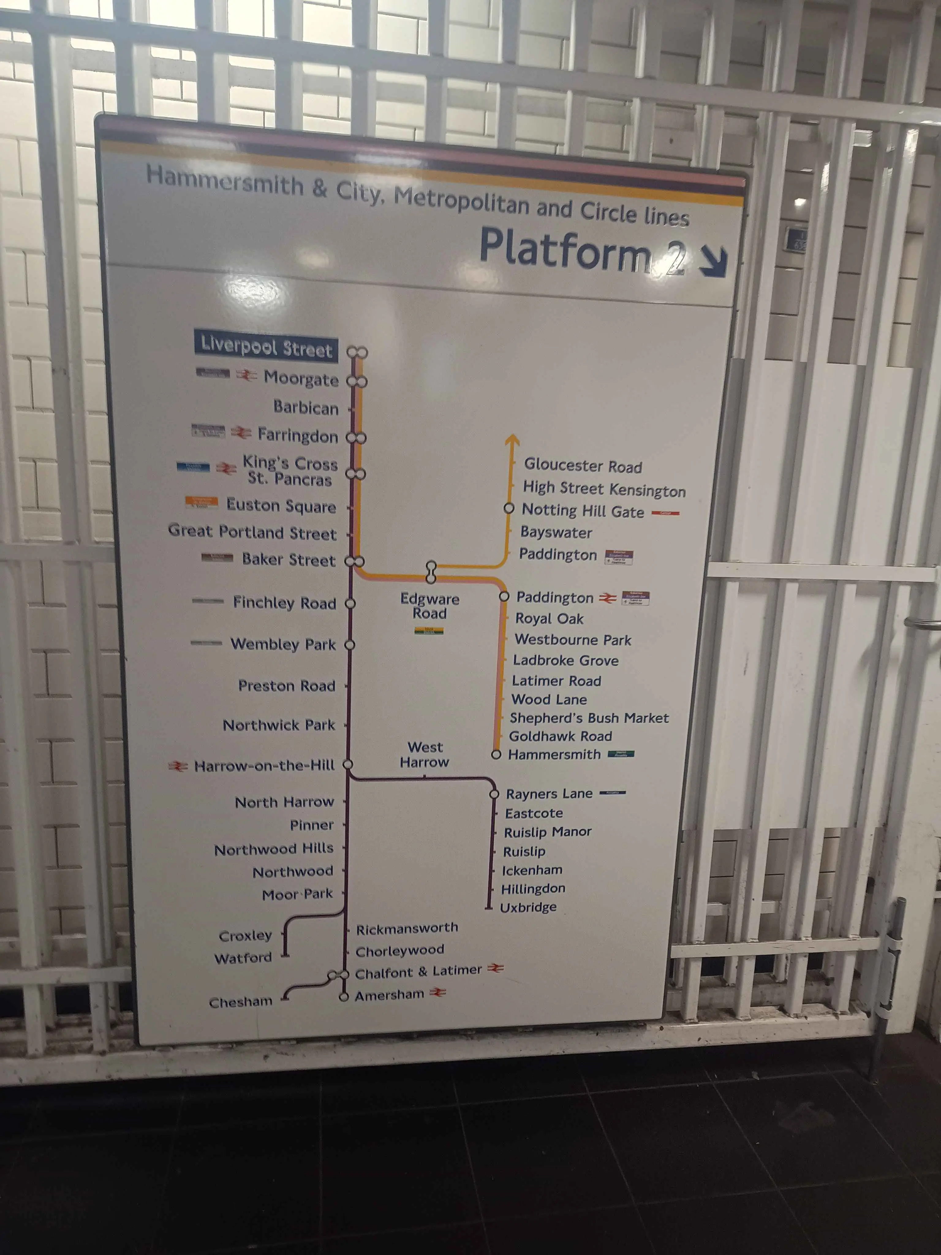 Route maps shown at Underground platforms 1 and 2 at Liverpool Street, featuring the Metropolitan, Hammersmith and City and Circle lines all on the same diagram, since they share platforms.