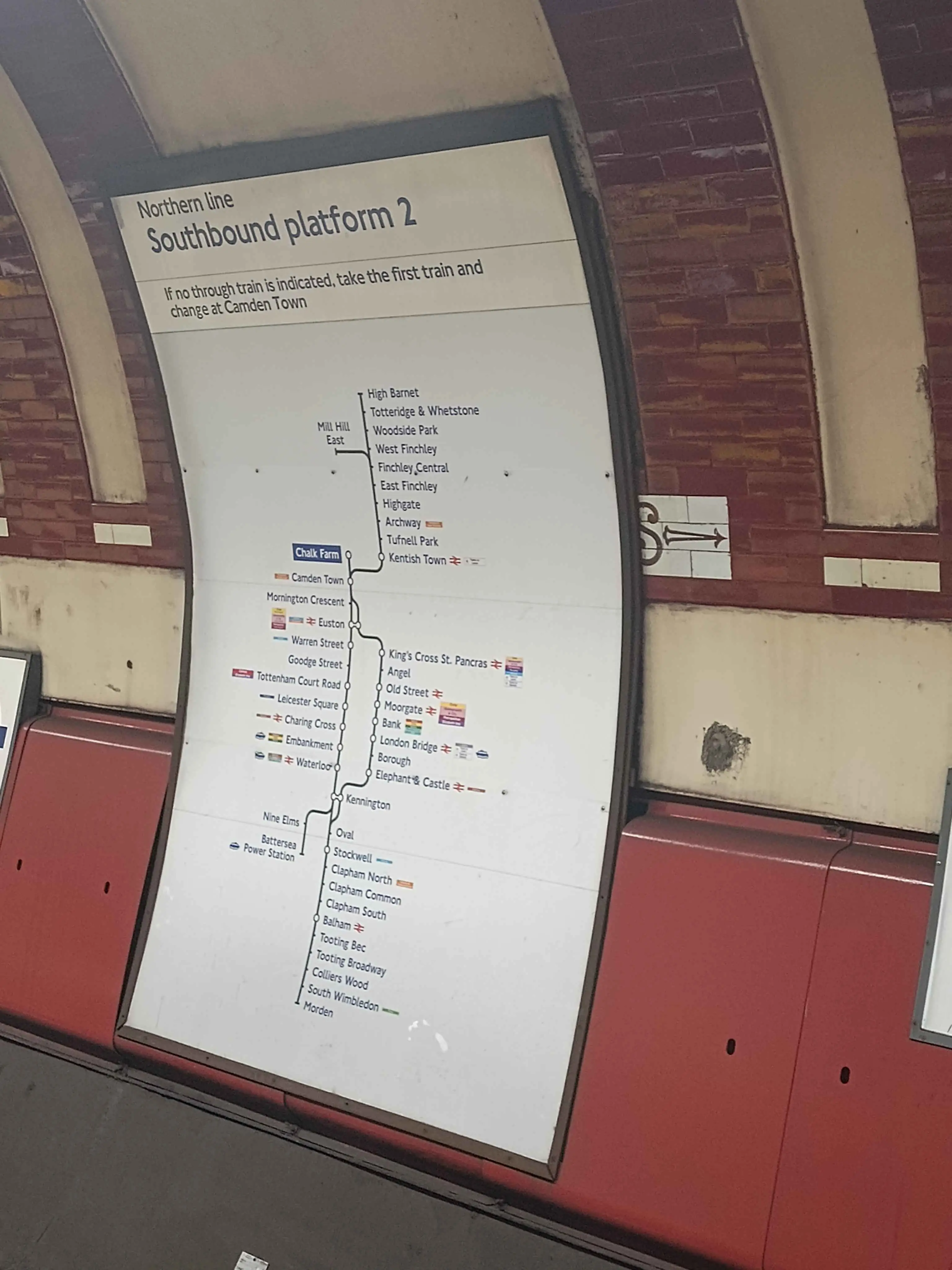 The Northern, Central and Picadilly lines on different route maps, although they have branches, the whole line is shown in one colour, black for Northern, red for Central and dark blue for Picadilly.