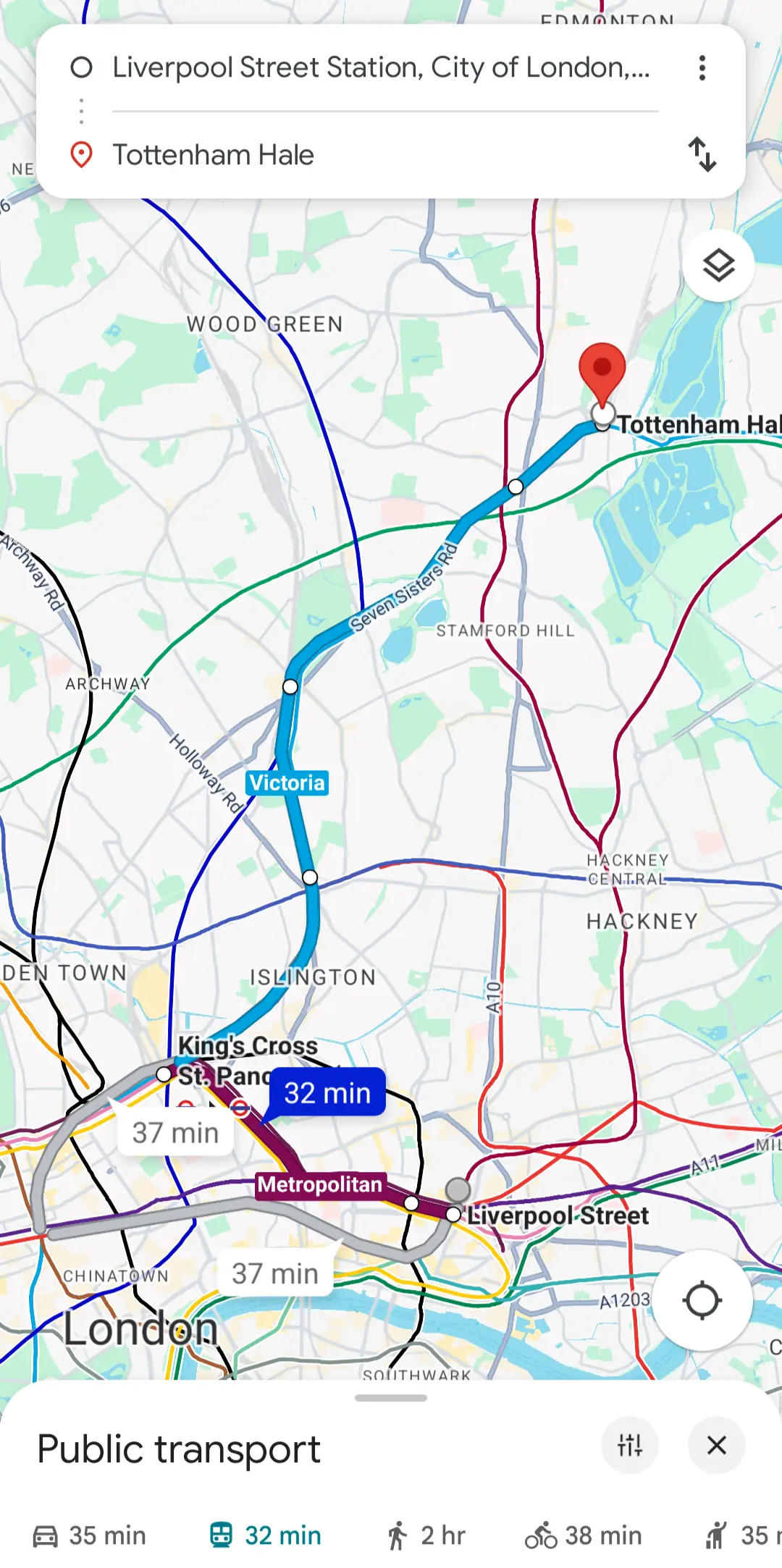 A side by side on Google Maps, showing the longer Metropolitan/Victoria route next to the shorter Greater Anglia route.