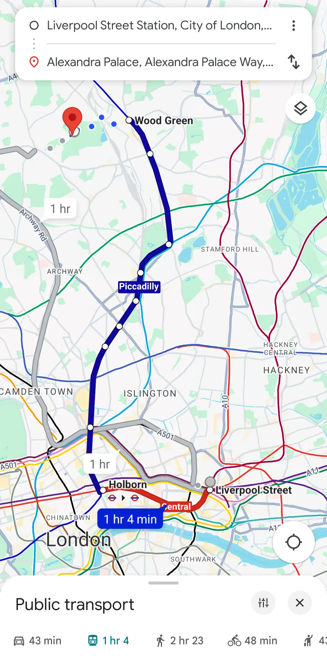 Side by side, the slower Central/Picadilly route vs the faster Great Northern route.