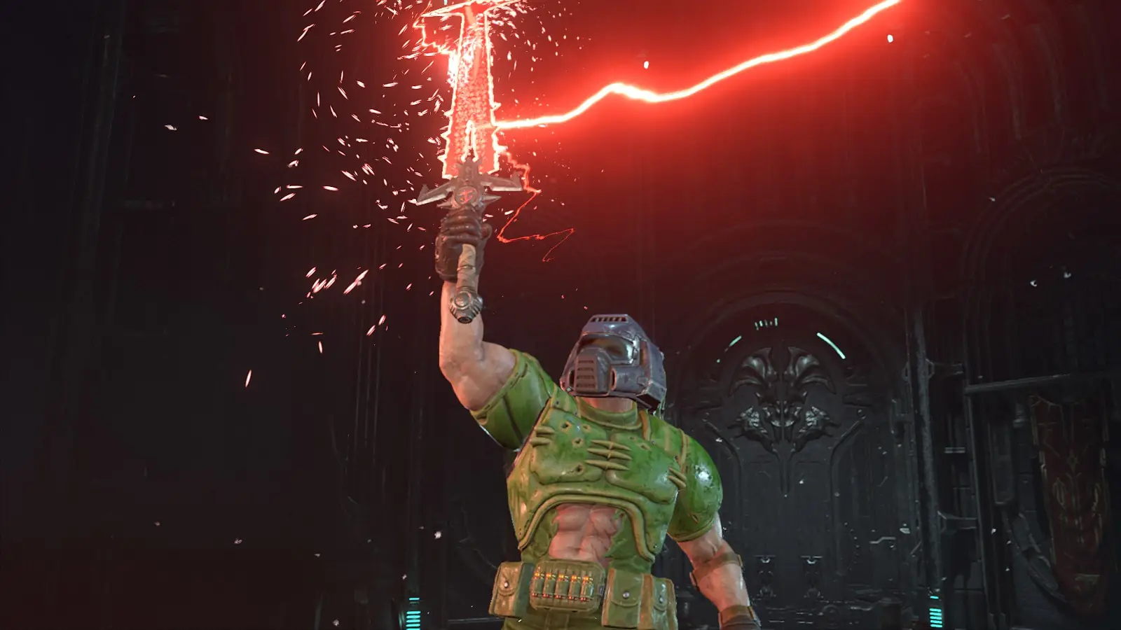 Wielding a red lasersword.