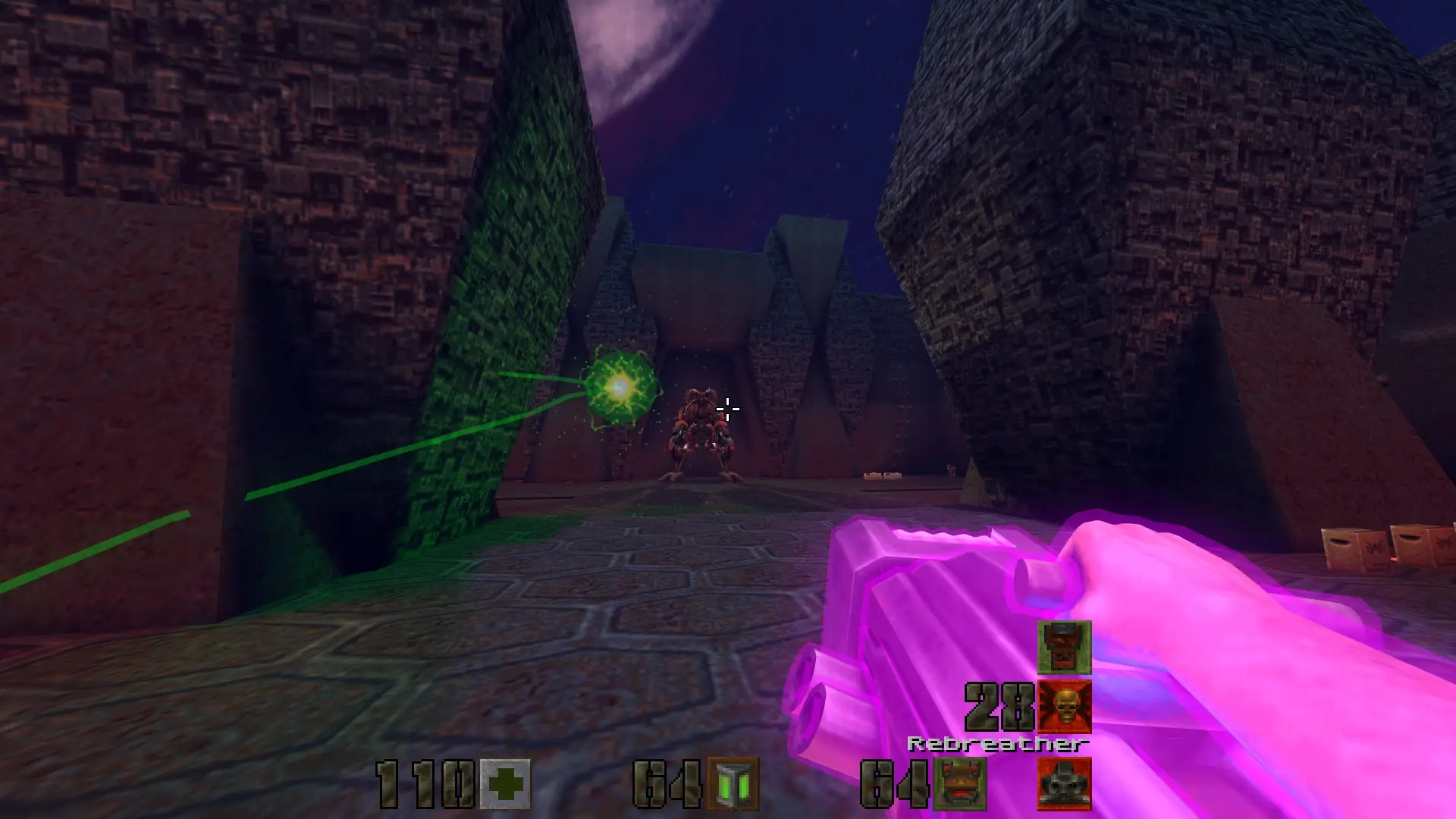 Approaching a boss with a purple glowing weapon in Quake 2.