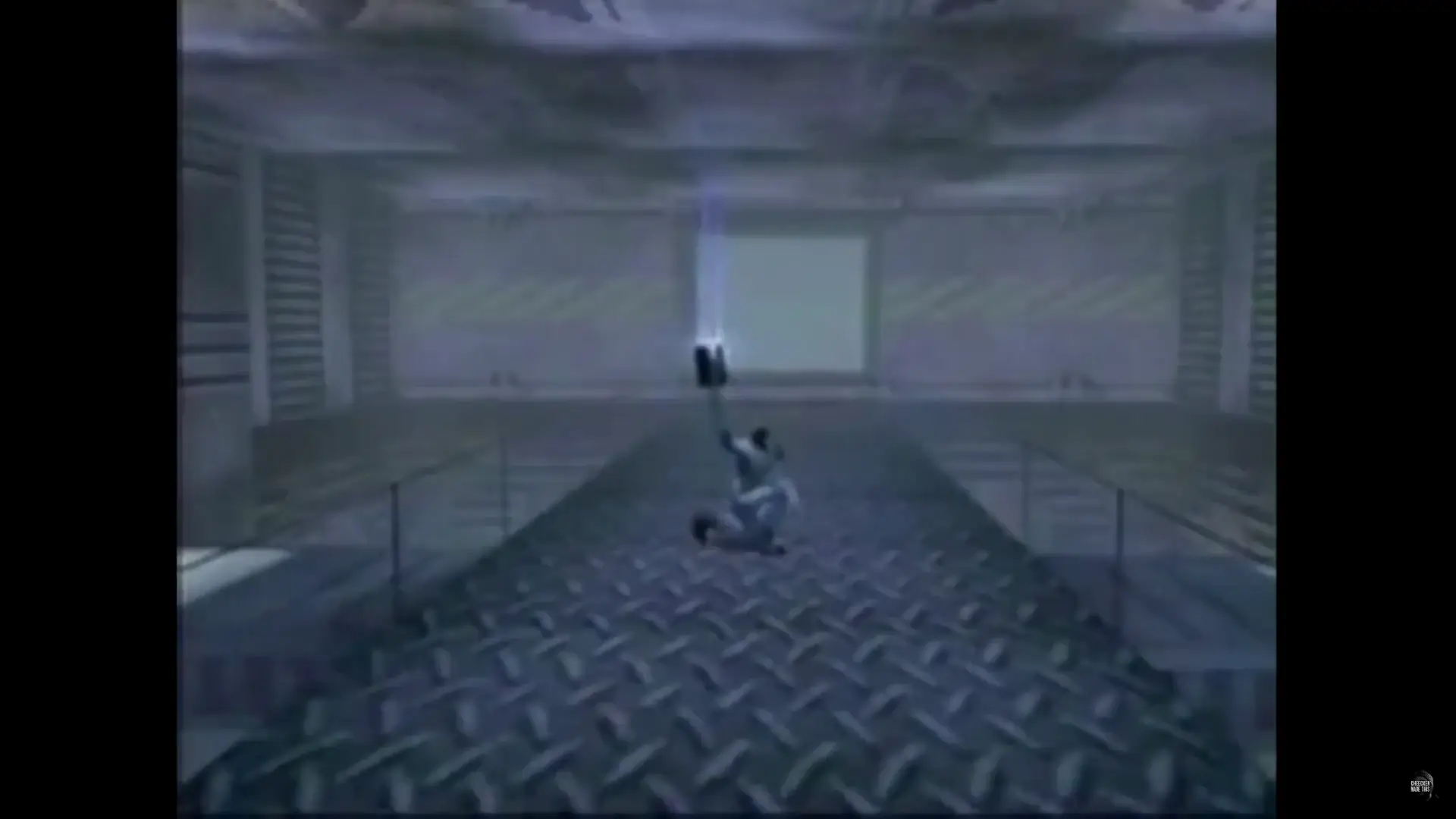 stiking a pose in a blue sci fi environment