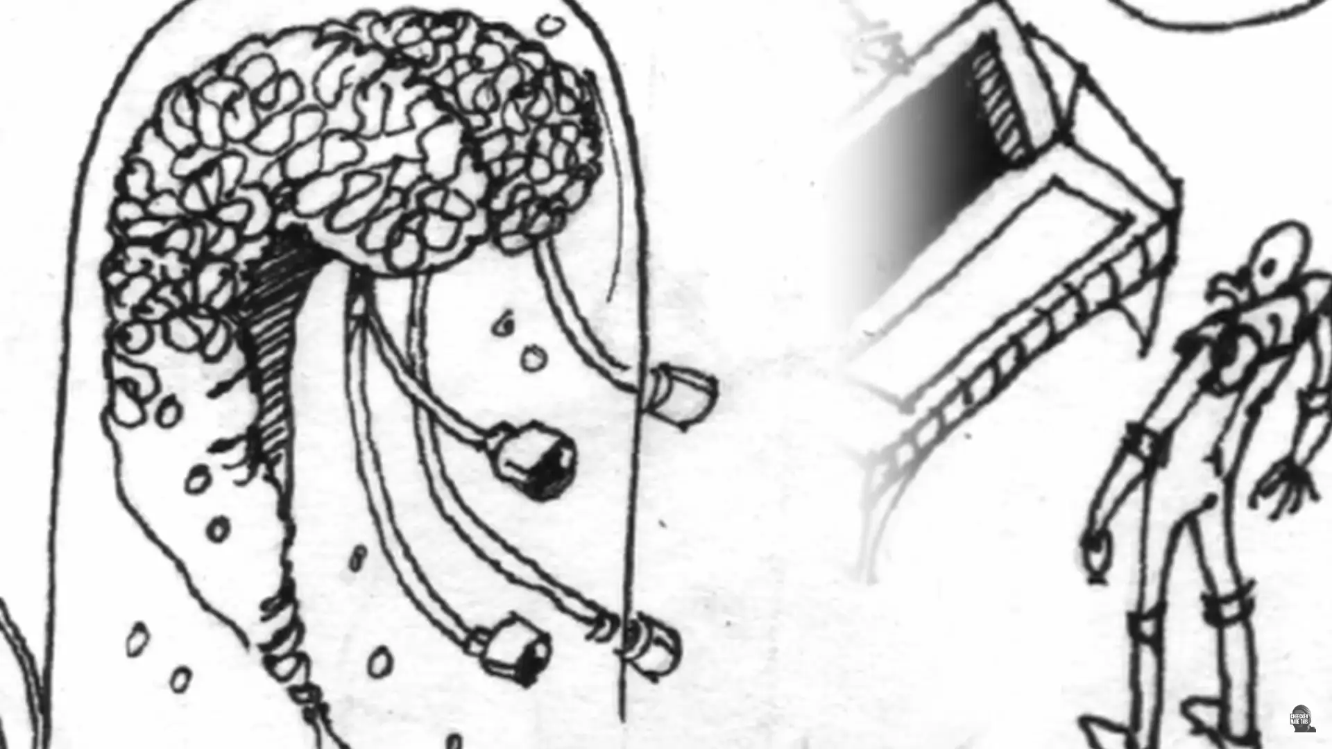 A massive sentient brain in a jar named PAX talking to the games protagonist.