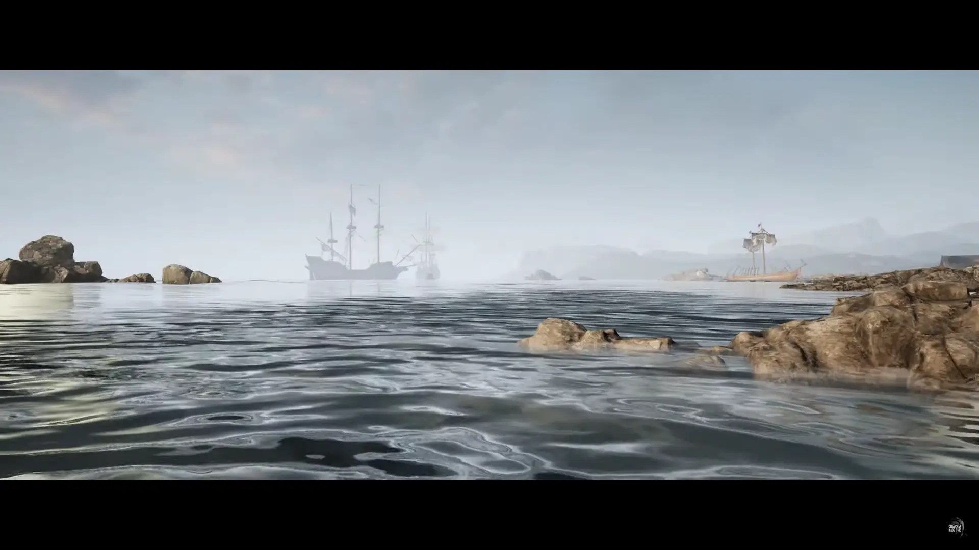 Waves crashing into the coastal reefs with ships seen in the distance